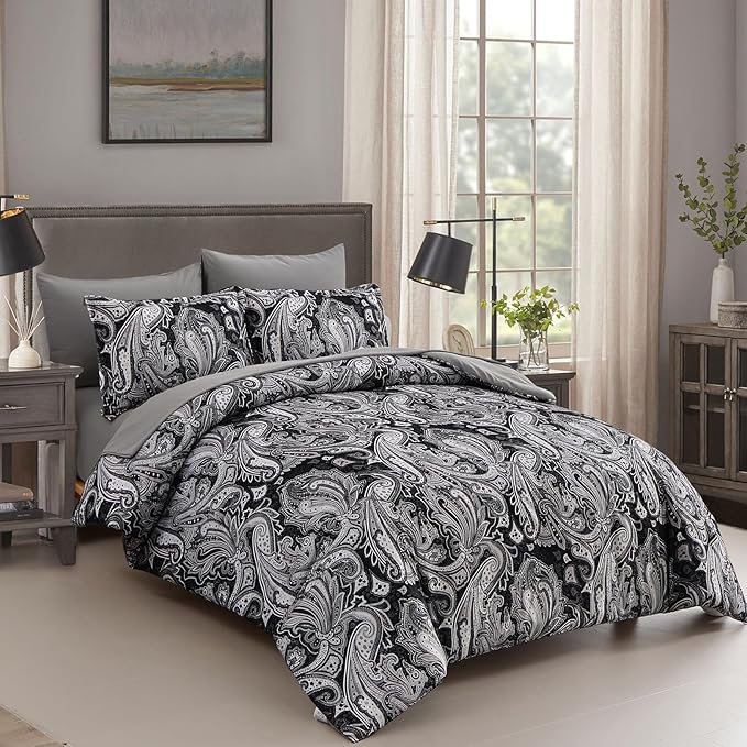 DJY Black Paisley Comforter Set Full Size 7 Piece Bed in a Bag Black and Grey Boho Paisley Pattern Comforter Set Soft Lightweight Microfiber Reversible Bedding Set for All Season