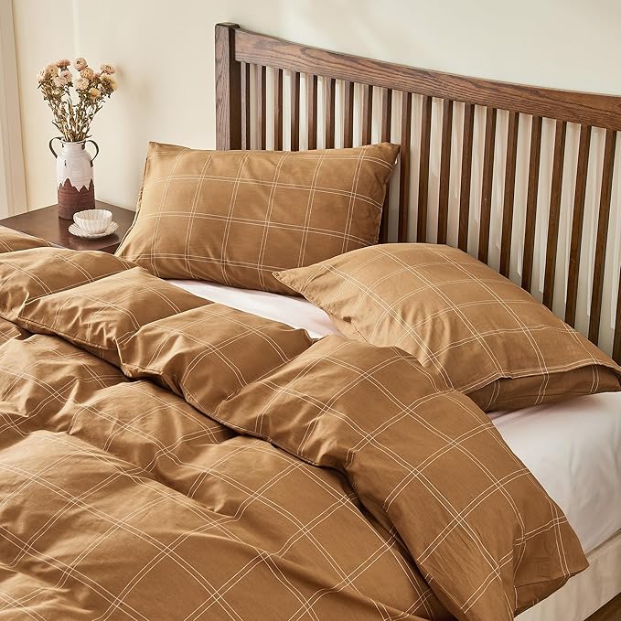 JELLYMONI 100% Natural Cotton Twin Duvet Cover Set, 2pcs Plaid Duvet Cover Sets with Zipper Closure, Grid Geometric Pattern Comforter Cover, Rust