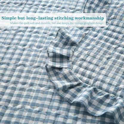 Dust Blue White Ruffle Gingham Quilt Set Queen Size with 2 Pillow Shams, 100% Washed Cotton Yarn-Dyed Quited Bedspread Farmhouse Bedding Set (Dust Blue, Queen) | Ruffle quilt, Gingham quilt, 100% washed cotton