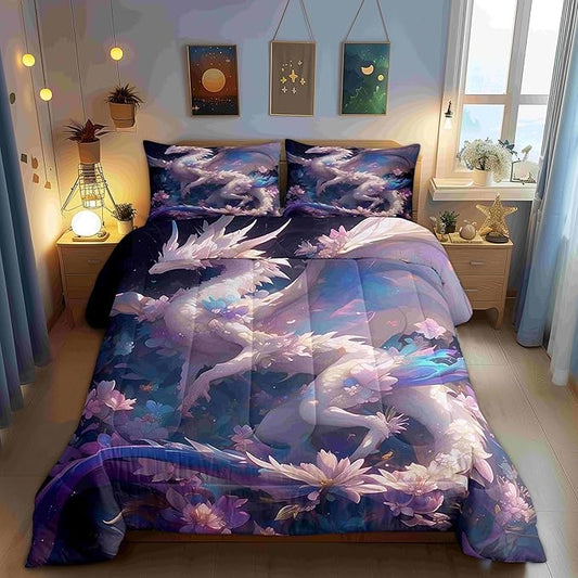 Dragon Boys Girls Comforter Set,Watercolor Flowers Duvet Set for Room Decor,Dreamy Cartoon Animals Brushed Microfiber Soft Quilt Cover,Full