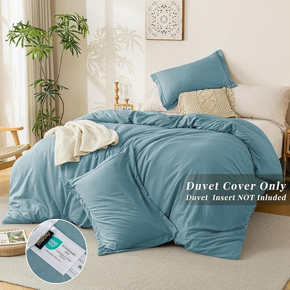 MILDLY Super Soft Duvet Cover - 100% Washed Microfiber Grayish Blue Comforter Cover Set 3 Pieces with Zipper Closure & Corner Ties (No Comforter)