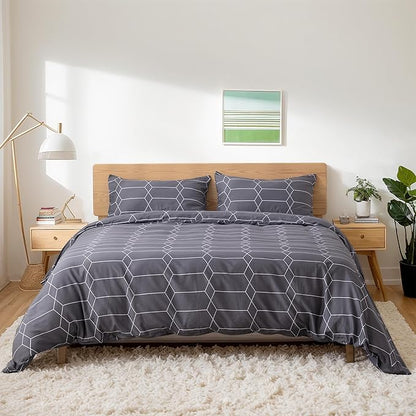 TOCOMOA Plaid Duvet Cover Set 100% Natural Cotton Soft Comfy Breathable 3 Piece Grey and White Pattern Printed Comforter Cover Bedding Set (King 104"x90", Comforter Not Included)