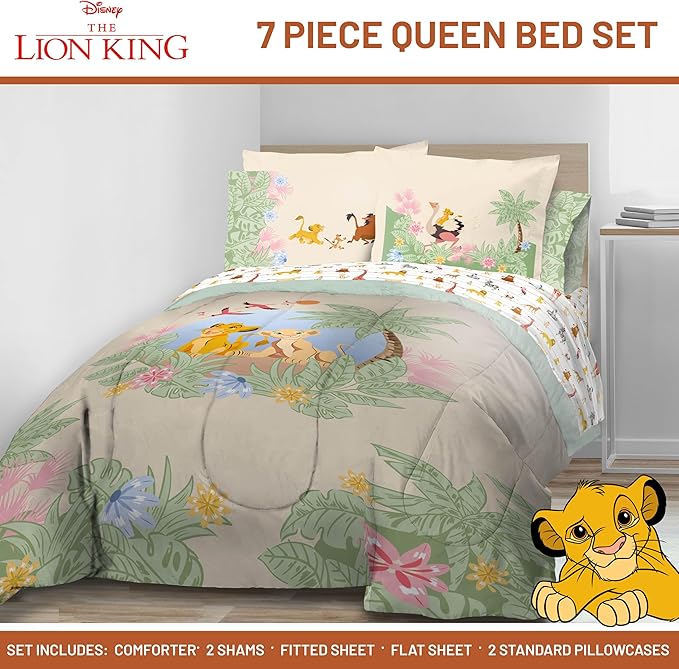 Jay Franco Kids Comforter Set Includes Sheets and Pillow Covers - Soft and Cozy Bed Set for Stylish Room Decor, Multi - Lion King, 7 Piece Queen Size Bedding