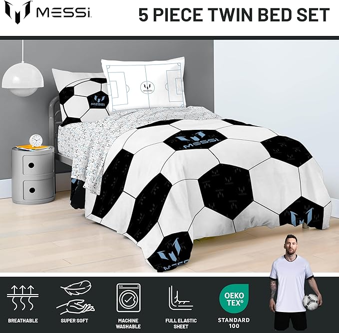 Jay Franco Kids Comforter Set Includes Sheets and Pillow Cover - Soft and Cozy Bed Set for Stylish Room Décor, White - Messi, 5 Piece Twin