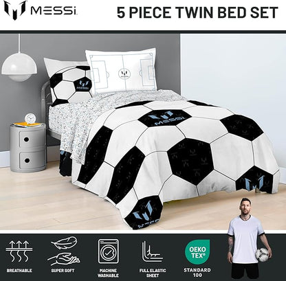 Jay Franco Kids Comforter Set Includes Sheets and Pillow Cover - Soft and Cozy Bed Set for Stylish Room Décor, White - Messi, 5 Piece Twin