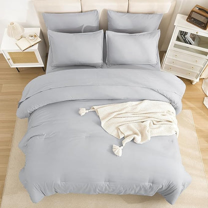 Litanika Queen Comforter Set Light Grey - 7 Pieces Bed in a Bag Queen Bedding Comforter Sets, Solid Lightweight Bed Set with Comforter, Sheets, Pillowcases & Shams