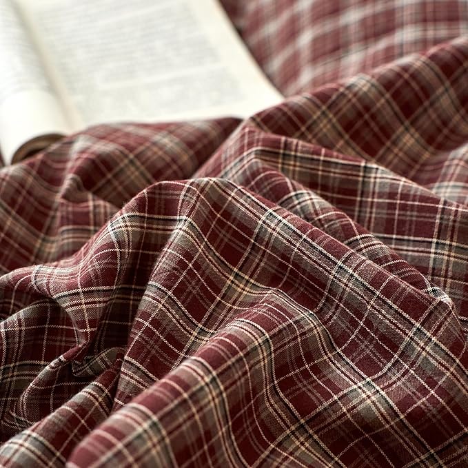 EAVD Vintage Style Burgundy Gingham Duvet Cover Queen 100% Washed Cotton Like Linen Feel Soft Checkered Grid Plaid Bedding Set with 2 Pillowcases Farmhouse Grid Geometric Duvet Cover with Zipper