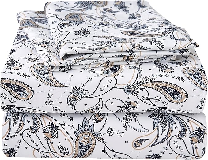 JSD Grey Paisley Printed Sheet Set King Size, 4 Piece Soft Retro Pattern Microfiber Sheets Extra Deep Pocket