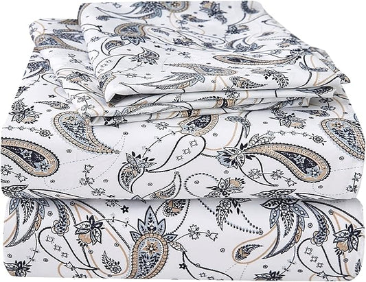 JSD Grey Paisley Printed Sheet Set Queen Size, 4 Piece Soft Retro Pattern Microfiber Sheets Extra Deep Pocket