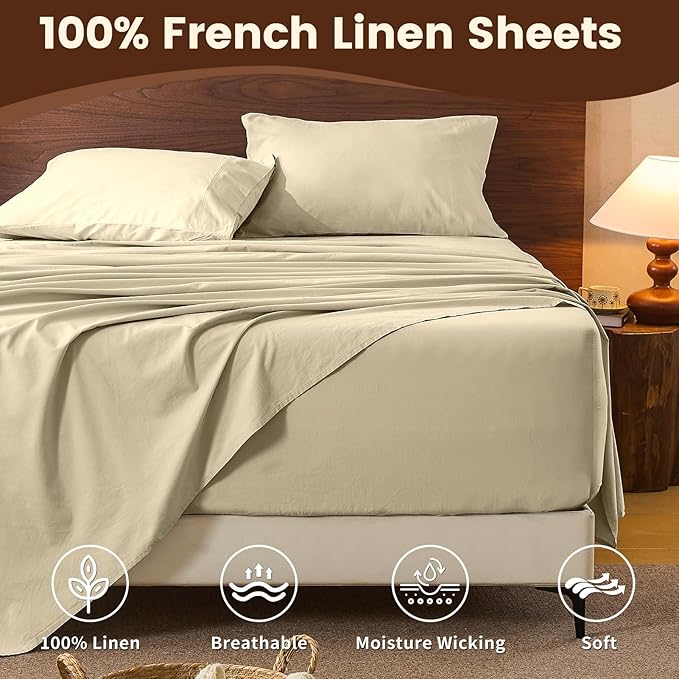 100% Linen Sheet Set Queen Size Extra Deep Pocket Fits 18-24 Inch Mattress, Breathable & Soft, Smooth 4-Piece Set for Thick Mattresses Hotel Luxury Bedding（Queen, Brown Taupe）