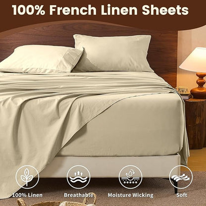 100% Linen Sheet Set Queen Size Extra Deep Pocket Fits 18-24 Inch Mattress, Breathable & Soft, Smooth 4-Piece Set for Thick Mattresses Hotel Luxury Bedding（Queen, Brown Taupe）