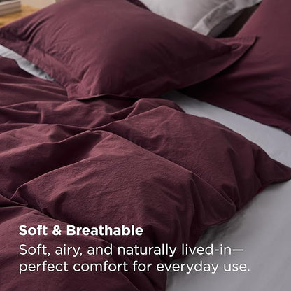 Bedsure 100% Washed Cotton Duvet Cover King Size - Burgundy Minimalist Bedding Set Linen Like - PureWoven Plain Simple & Soft Comforter Cover for All Seasons (Burgundy, King, 104"x90")