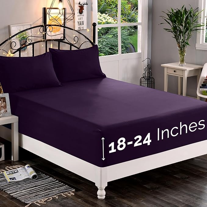 Elegant Comfort 1500 Premium Quality Fitted Sheet Ultra Soft 18-24 Inch Extra Deep Pocket - Single Fitted Sheet for High Mattress - Wrinkle Free with Smart Storage Pockets, Queen, Eggplant-Purple