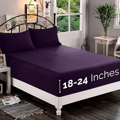 Elegant Comfort 1500 Premium Quality Fitted Sheet Ultra Soft 18-24 Inch Extra Deep Pocket - Single Fitted Sheet for High Mattress - Wrinkle Free with Smart Storage Pockets, Queen, Eggplant-Purple