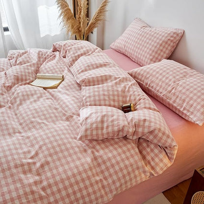 EAVD Vintage Style Gingham Plaid Duvet Cover King Pink White Soft 100% Washed Cotton Chic Warm Checkered Bedding Set with 2 Pillowcases Farmhouse Grid Gingham Duvet Cover with Zipper Closure