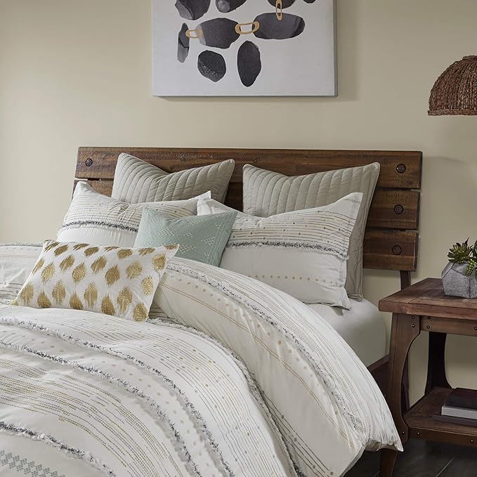 INK+IVY Nea 100% Cotton Duvet Set Mid Century Modern Design, All Season Comforter Cover Bedding Set, Matching Shams, King/Cal King, Stripes Teasel Ivory 3 Piece