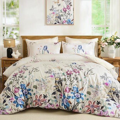 WONGS BEDDING Floral Comforter Set King, 7 Piece Beige Bed in a Bag Bedding Set with Botanical Flowers Patterns, Soft Lightweight Complete Comforters with Sheets for All Season