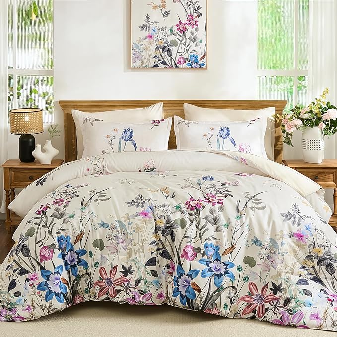 WONGS BEDDING Floral Comforter Set Queen, 7 Piece Beige Bed in a Bag Bedding Set with Botanical Flowers Patterns, Soft Lightweight Complete Comforters with Sheets for All Season