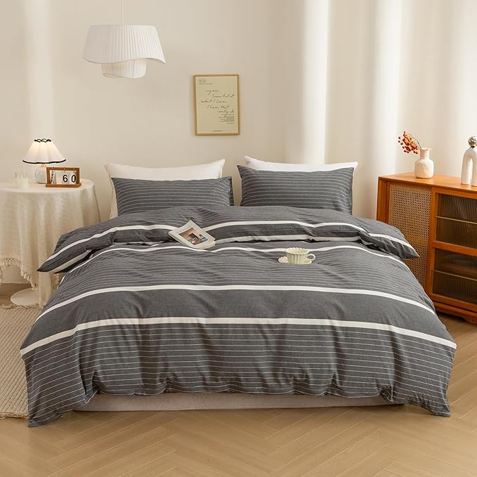ECOCOTT 3 Pieces Duvet Cover Set King 100% Washed Cotton 1 Duvet Cover with Zipper and 2 Pillowcases, Ultra Soft and Easy Care Breathable Cozy Simple Style Bedding Set(Grey Stripes)