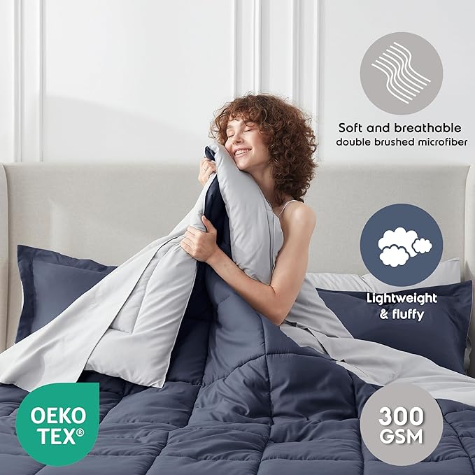 Nestl 7 Piece Full Comforter Set – Navy Reversible Bed in a Bag – Complete Full Size Bedding Set with Sheets, Pillowcases and Shams