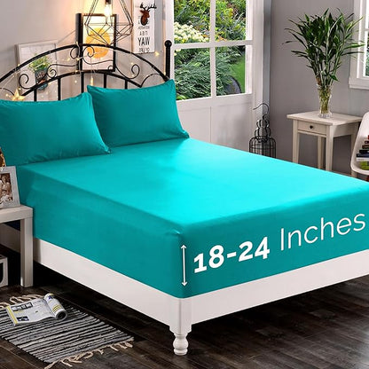 Elegant Comfort 1500 Premium Quality Fitted Sheet Ultra Soft 18-24 Inch Extra Deep Pocket - Single Fitted Sheet for High Mattress - Wrinkle Free with Smart Storage Pockets, Cal King, Turquoise