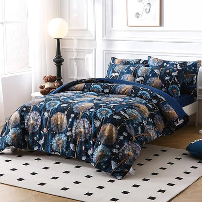 Glow in The Dark Kids Comforter Set, 5 Pieces Blue Dandelion Bedding Set Twin Size for Boys Girls Teen, 1 Comforter, 2 Pillowcases, 2 Pillow Shams, 1 Flat Sheet, 1 Fitted Sheet