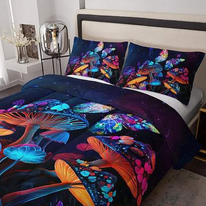 Mushroom Bedding - King Bed Comforter Set, Black & Cute Boho Mushroom Bedroom Decor