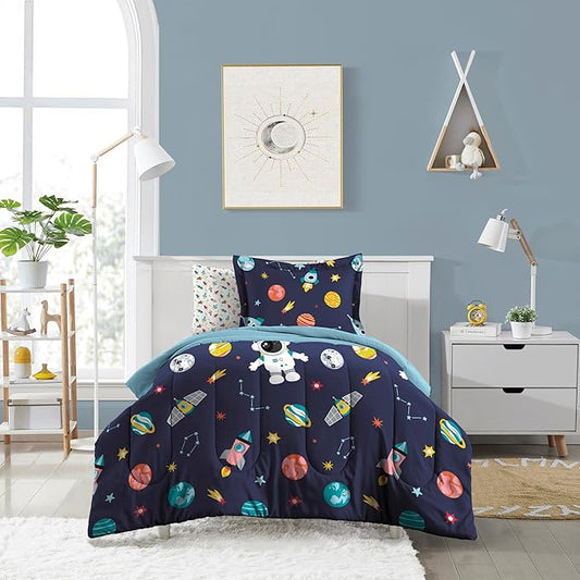 Dream Factory Kids 7-Piece Complete Bed Set Easy-Wash Super Soft Microfiber Comforter Bedding, Full, Blue Space Galaxy