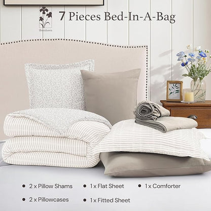 Full Comforter Set - 7 Pieces Beige Gauze Muslin Bedding Sets for All Seasons, Lightweight Breathable Bed in a Bag Full with Revesible Farmhouse Comforter, Sheets, Pillowcases & Shams
