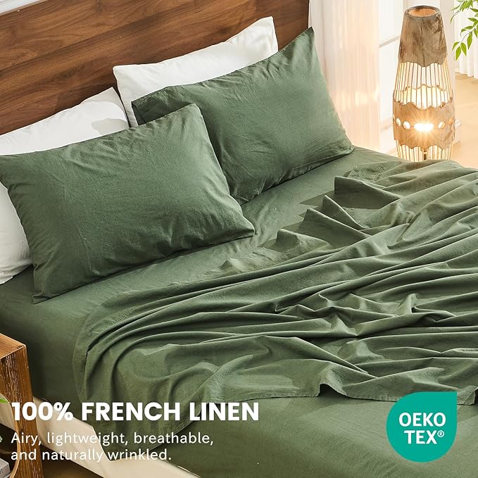 Bedlifes 100% French Flax Linen Sheets Set King Size - 6 Piece Extra Deep Pocket 18-24",Soft Breathable King Bed Sheets with Temperature Regulating & Moisture-Wicking(Forest Green