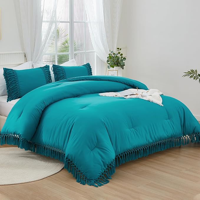 Andency Turquoise Full Size Comforter Set, 3 Pieces Boho Tassel Lightweight Soft Bedding Comforter Sets, All Season Fluffy Fringe Bed Set (79x90In Comforter & 2 Pillowcases)