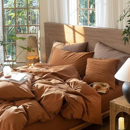 MooMee Wavy Striped Duvet Cover Set 100% Washed Cotton Linen Like Textured Breathable Durable Soft Comfy (Dark Orange, Cal King 104"x98")