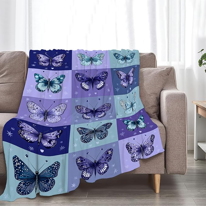 Butterfly Blanket Super Soft Warm Fluffy Fleece Flannel Blue Purple Throw Blanket Cozy Fuzzy Plush Stuff Bedding Blankets Gifts for Women Kids Boys Girls Adults 50"X40"