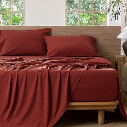 MooMee Fitted Bottom Sheet Only 100% Washed Cotton Linen Like Textured Breathable Durable Soft Comfy Deep Pocket Fits Mattress up to 17" (Solid Fired Brick Red, Twin)
