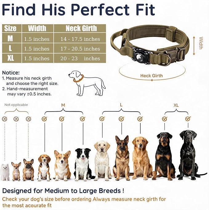 Personalized Tactical Dog Collar with Waterproof airtag Holder & Name Phone Number, Heavy Duty Nylon Military Dog Collar with Strong Metal Buckle for Medium and Large Dogs(Khaki,M)