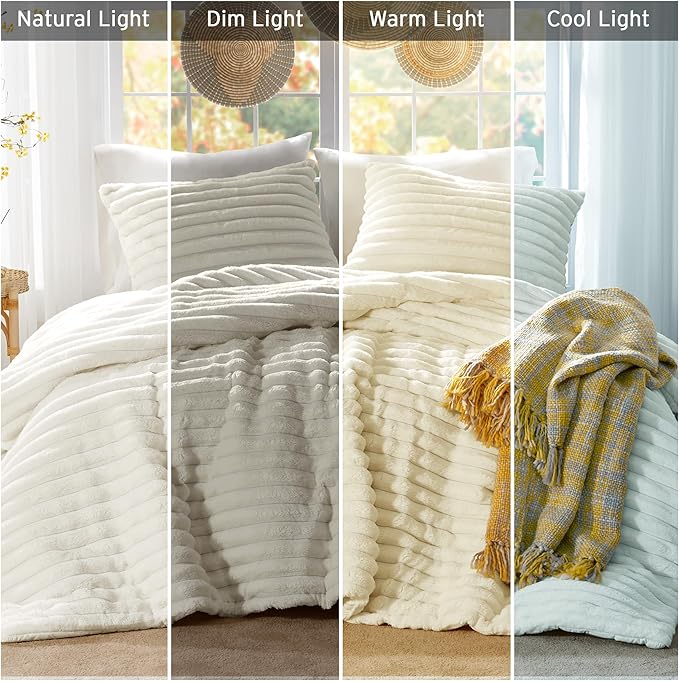 Intelligent Design Queen Comforter Set, Plush Bedding, Microfiber Reverse, 3 Piece, Lightweight, Super Soft Ribbed Velvet Comforter 2 Shams, All Season Fluffy Bed Set, Avril, Full/Queen Ivory