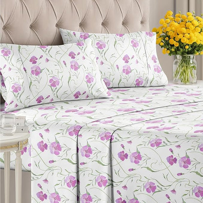 Floral Sheets - Pink Floral Bed Sheet Set - 1 Flat, 1 Fitted & 2 Pillowcases w/ Deep Pockets - Comfy, Wrinkle & Fade Free - Boho Botanical Bedding - Ultra-Soft, Breathable & Cooling - Full Size Set
