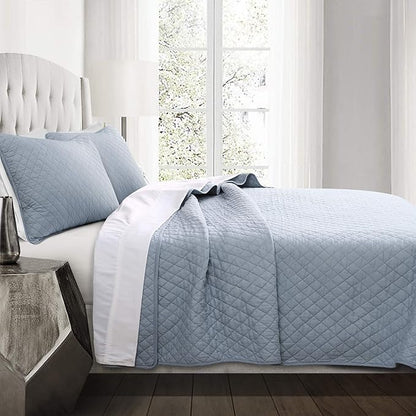 Lush Decor Ava Quilt Diamond Pattern Solid 3 Piece Oversized Bedding Blanket Bedspread Set - King - Blue