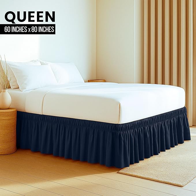 Utopia Bedding Queen Elastic Bed Ruffle - Easy Wrap Around Ruffle - Microfiber Bed Skirt with Adjustable Buckle & Elastic Belt, 16 Inch Tailored Drop - Hotel Quality Bedskirt, Fade Resistant (Navy)