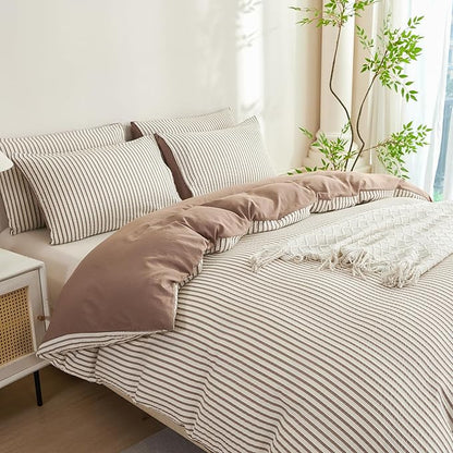 Comforter Set Queen Size Striped Soft Luxury Washed Microfiber Jacquard 3 Pieces Bedding, White Dark Brown Vertical Ticking Stripes Comforter with 2 Pillowcases Breathable Durable Comfy