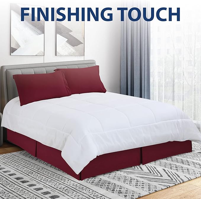 Cathay Home Double Brushed Microfiber Pleated Easy Fit Bed Skirt, Ultra Soft, Fade and Wrinkle Resistant - Burgundy, Queen