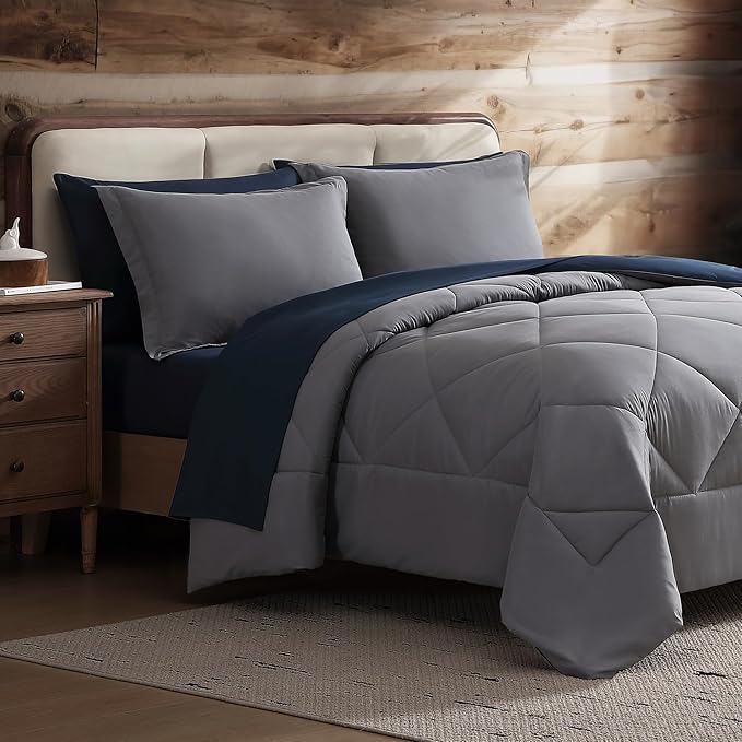 Coleman Comforter Set Full Size Reversible Bed-in-a-Bag– Double-Sided Color Options, All-Season Comforter + Shams + Sheets – Perfect for Home, Cabin or Camp Use, Navy/Gray