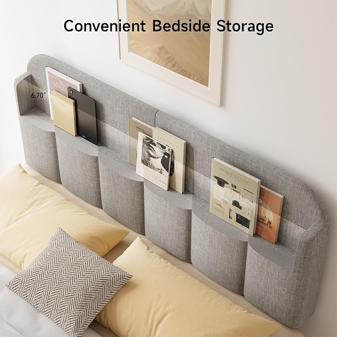 Headboard for Full/Queen Size with LED Light, Upholstered Bed HeadBoard with Storage, Linen Fabric Head Board with Vertical Channel Design, Height Adjustable, Easy to Assemble, Light Grey
