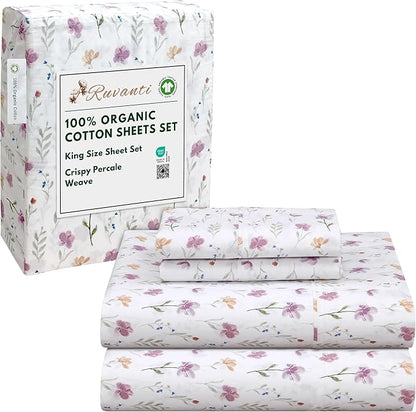 RUVANTI 100% Organic Cotton Sheets King Size, Percale Weave, GOTS Certified, 4-Piece Set, Deep Pocket 15", Crisp & Breathable, Soft Durable Bedding, Sábanas Algodón Orgánico – Obsessed Stems
