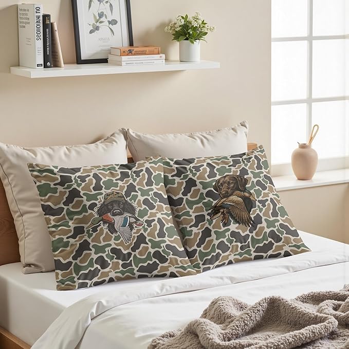 Vintage Camo Labrador Retriever Mallard Duck Throw Pillow Covers 18x18 Set of 2, Dog Hunting Pillowcase, Camouflage Farm Animal Decorative Pillow Covers,Camouflage Wild Animal Decor