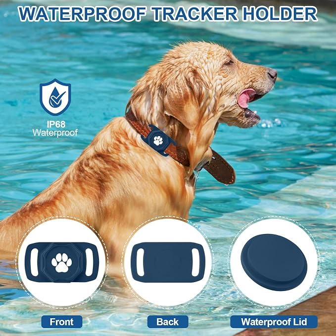 Smart Pet Tracker for Collar - Dog Tracker Pet Location Tracker with Holder | Real-Time Location, No Monthly Fee/ SIM Card, Work with IOS Only (Not for Android), Ultra-Slim, IP68 Waterproof Holder, Blue