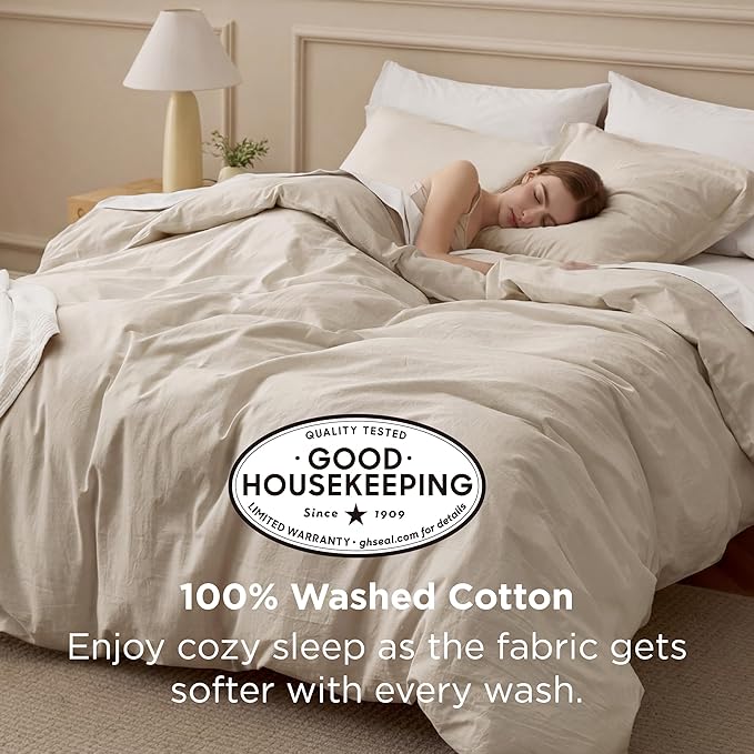 Bedsure 100% Washed Cotton Duvet Cover Cal King - Oatmeal Minimalist Bedding Set Linen Like - PureWoven Plain Simple & Soft Comforter Cover for All Seasons (Oatmeal, California King, 104"x98")