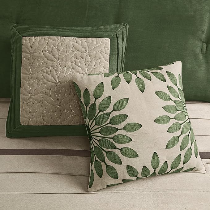 Madison Park Cozy Comforter Set-Luxury Faux Suede Design, Striped Accent, All Season Down Alternative Bedding, Matching Shams, Decorative Pillow, Green, California King (104 in x 92 in)