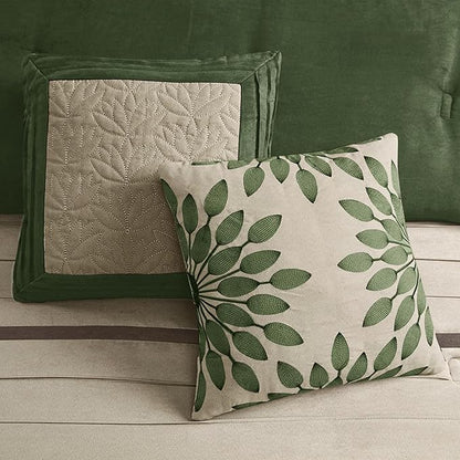 Madison Park Palmer Comforter Set-Luxury Faux Suede Design, Striped Accent, All Season Down Alternative Bedding, Matching Shams, Decorative Pillow, Bed Skirt, Queen (90 in x 90 in), Green 7 Piece