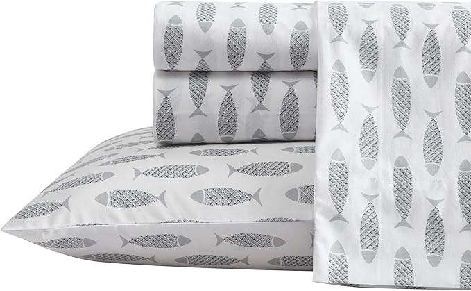 Nautica- King Sheet Set, Cotton Percale Bedding Set, Crisp & Cool, Lightweight & Breathable (Woodblock Fish Grey, King)